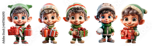 set of Christmas elf 3d character Isolated on transparent background. Smiling elf. Happy elf with gift box