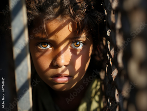 Closeup of a child behind a fence. Refugee child with uncertainty and confusion look. Child with strong facial expression.