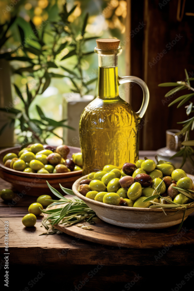 Natural olives with bottles of olive oil on an old wooden table Natural olives with bottles of olive oil on an old wooden table