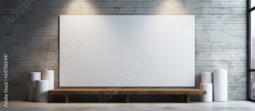 Nighttime rendering of a white TV screen on a glass table against a wall