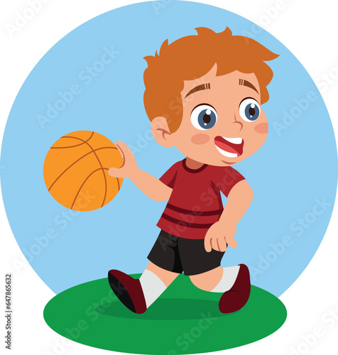 An athlete child plays basketball