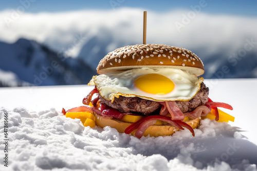 Egg burger closeup at a ski resort, closeup. Generative AI photo