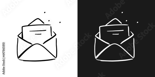 Hand drawn doodle of opened envelope. Incoming message. Letter notification symbol in black and white. Vector EPS 10