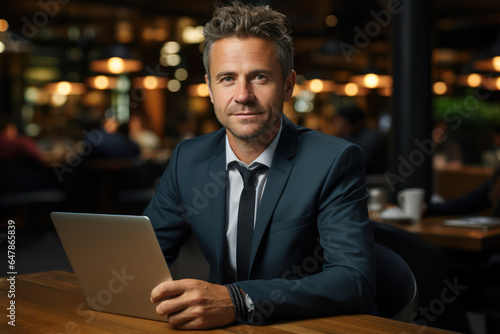 Happy busy middle aged business man ceo wearing suit sitting at desk in office using laptop. Generative Ai.