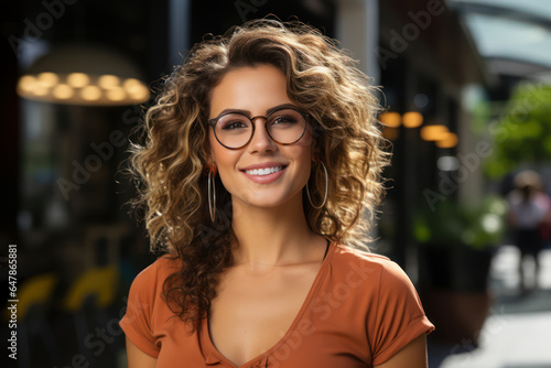 A portrait of a happy and satisfied woman wearing glasses outdoors. Generative Ai.