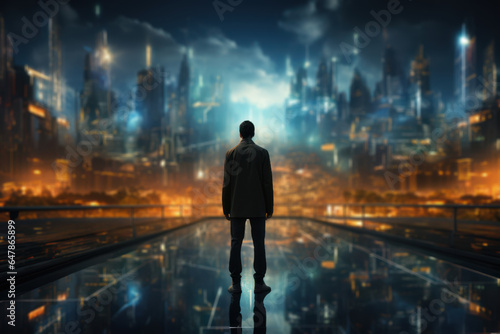 A man standing in front of a big city visualization. The concept of entering new business areas, achieving success. Generative Ai. © Sebastian