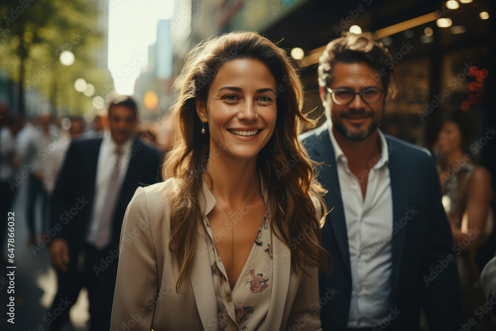 A woman and a man dressed very elegantly and businesslike walk smiling along the city street. Generative Ai.