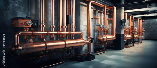 Gas heating system pipes in the boiler room made of copper © AkuAku