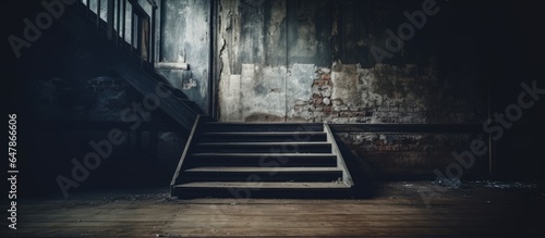 Gloomy stairs in deserted building with dilapidated walls and open window