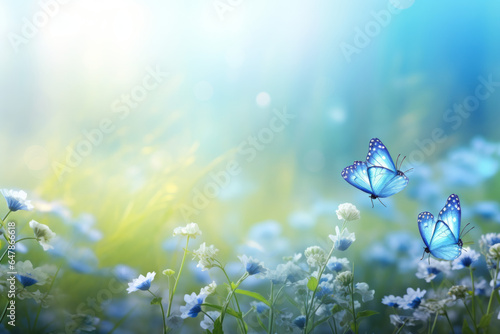 Fototapeta Naklejka Na Ścianę i Meble -  Spring meadow with blue flowers and flying butterflies, with space for text