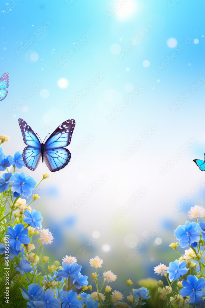 Spring meadow with blue flowers and flying butterflies, with space for text