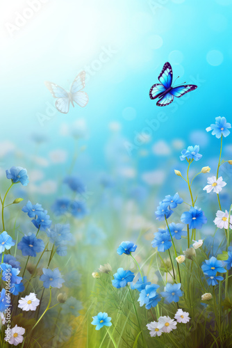 Spring meadow with blue flowers and flying butterflies  with space for text