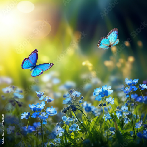 Spring meadow with blue flowers and flying butterflies, with space for text