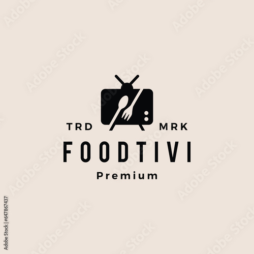 fork spoon food channel television tv culinary review retro hipster vintage logo vector icon illustration