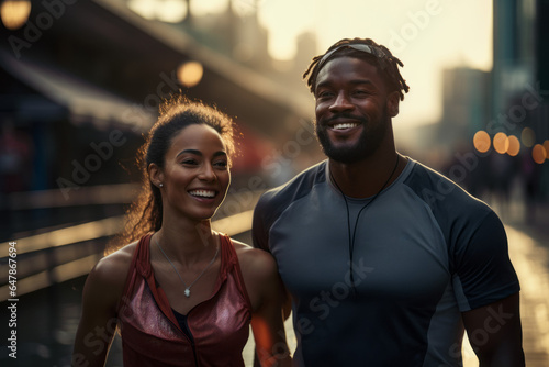 African American couple jogging. Morning running and a healthy lifestyle. Portrait with selective focus © top images