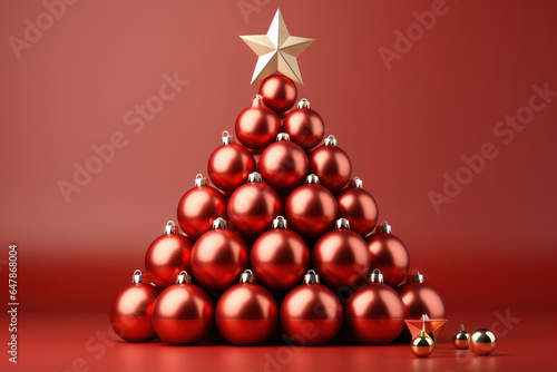 Christmas tree composed of red baubles on a red background. Christmas magic concept. Generative Ai.