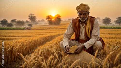 Person in a field, golden hues of the sunrise as traditional Indian farmers sow wheat seeds in a vast, picturesque field.  © CG_Lokesh_Stock's