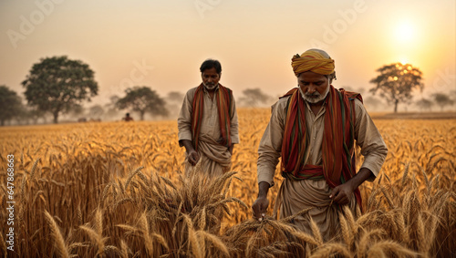 person in the field at sunset, golden hues of the sun as traditional Indian farmers sow wheat seeds in a vast, picturesque field.