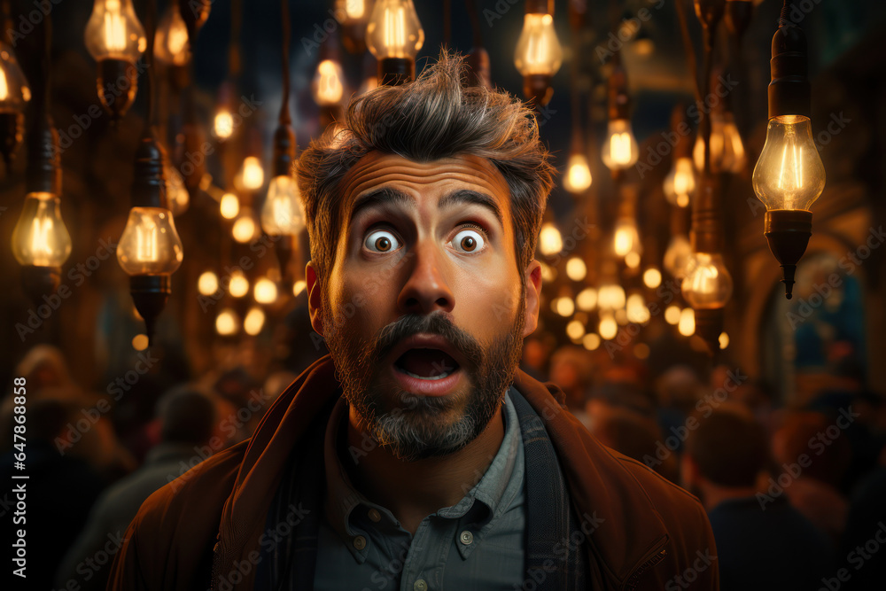 Eureka Moment. Person with a surprised expression holding a glowing lightbulb above their head, capturing the moment of a brilliant idea. Generative Ai.