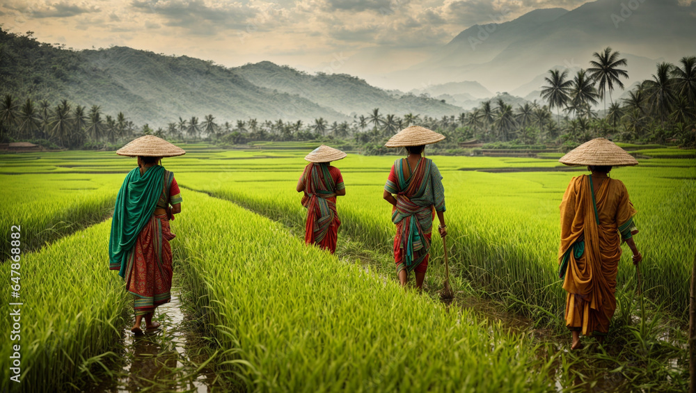 Rice paddy field in rural India. Farmers, dressed in traditional attire ...