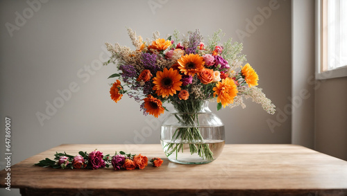Wallpaper Mural Wooden table placed against an empty, blank wall bright vivid color, in a well-lit room. On the table, there's a vase with a beautifully arranged bouquet of dried flowers, creating an elegant. Torontodigital.ca