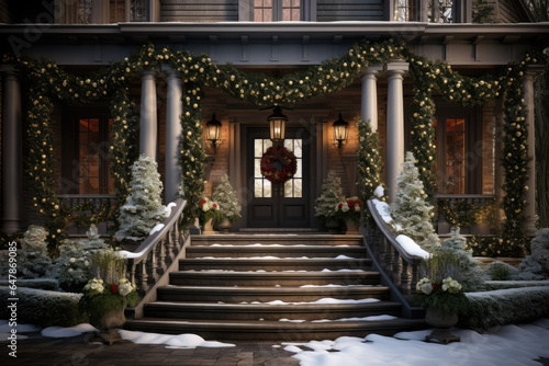 A home's exterior is adorned with wreaths, while a modern projection displays vibrant holiday animations, embodying perfect union of classic and contemporary holiday decor. Generative Ai.