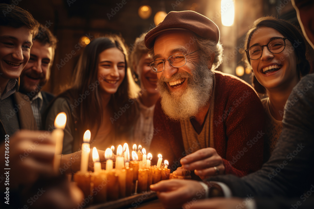 A group of friends celebrates the Festival of Lights by lighting a modern Hanukkah menorah alongside a vintage one, embracing the continuity of tradition. Generative Ai.