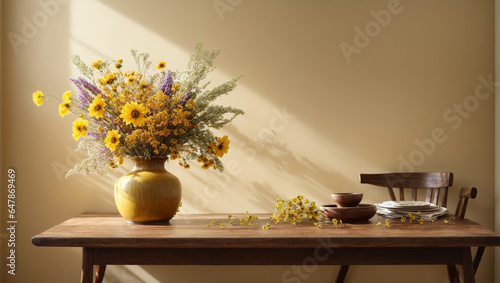 Wallpaper Mural An artistic flair, featuring a wooden table with a carefully arranged vase of dried flowers. Torontodigital.ca