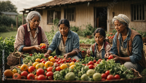 Family in the garden, multiple generations within the family, from elders to children, as they collectively harvest fresh vegetables in their small farm.
