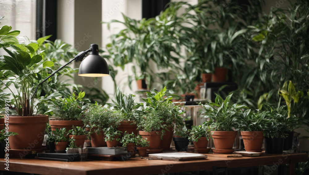 Showcasing a workspace adorned with various potted plants, creating a calming atmosphere for focused work. Showcasing a workspace adorned with various potted plants, creating a calming atmosphere for focused work.