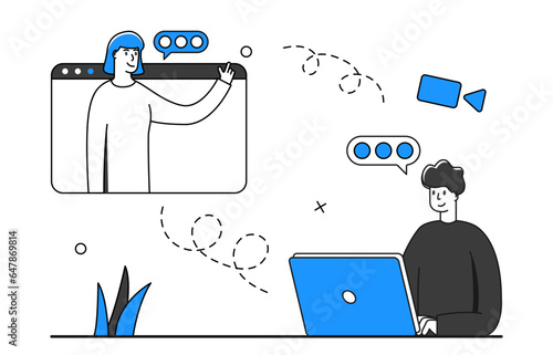 Video business conference. Man and woman talking on business theme. Mail marketing concept. Trendy character with laptop. Vector illustration