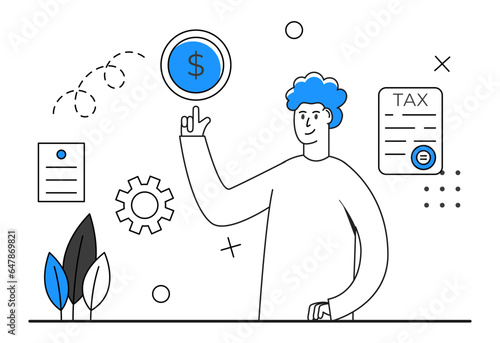 Online Tax payment. Filling tax form. Earning calculation. Man with coin. Vector illustration