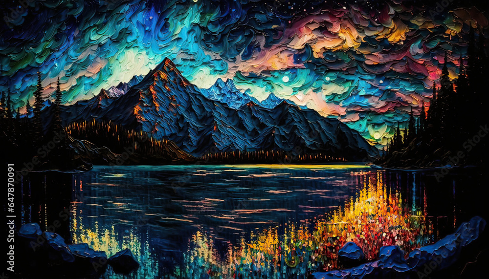 Naklejka premium Modern Abstract Moonlight Night View Painting, Large Textured Wall Art, Living Room Wall Decor Artwork, Generative AI