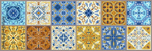 Set of patterned azulejo floor tiles. Abstract geometric background. Collection of ceramic tiles in turkish style. Seamless colorful patchwork. Portuguese and Spain decor. Islam, Arabic, Indian motif.