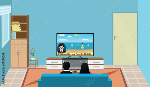 A man and his wife are sitting on the sofa in the living room, watching the news while drinking their coffee.