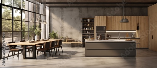 modern loft kitchen with window concrete flooring furniture and dining table