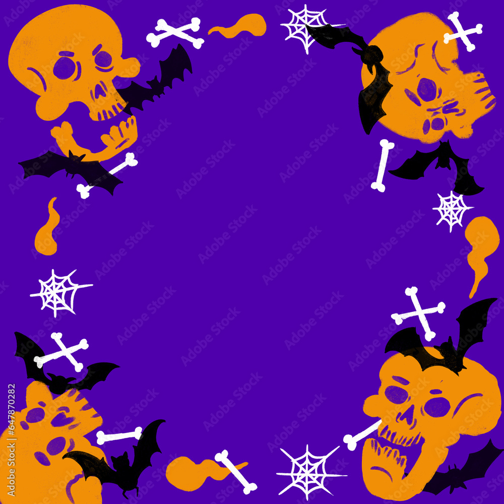 Halloween Squared Frame holiday concept. Skull, bat, bones, web