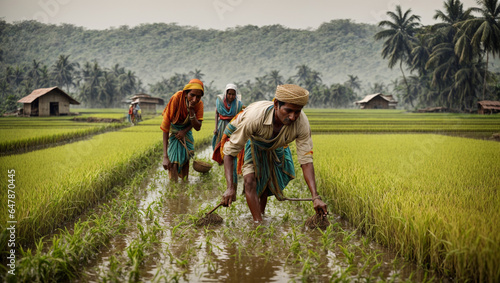 Farming methods in rural India. Farmers, knee-deep in the waterlogged paddy field, are manually harvesting the rice, glimpse into age-old agricultural practices.