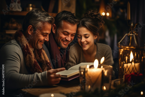 A person captures the cozy scene of family members reading holiday stories together by the fireplace  fostering a love for literature and togetherness. Generative Ai.