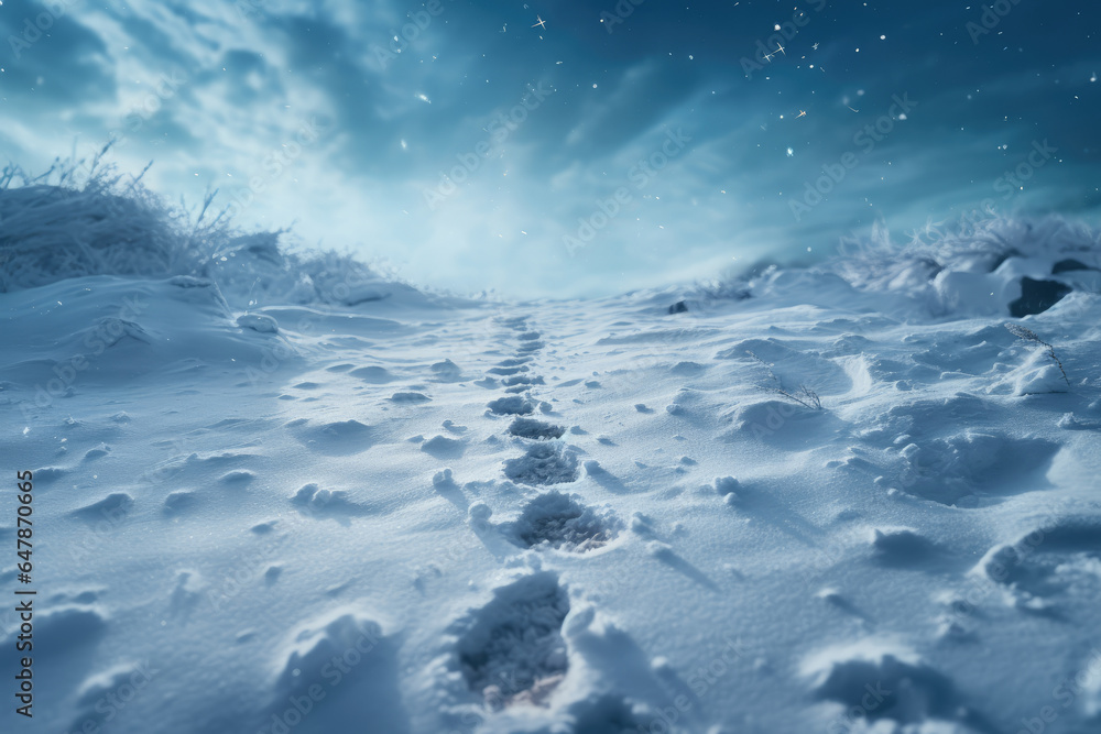A person's footprints are imprinted in the freshly fallen snow, showcasing the varied textures left behind by human interaction with the winter landscape. Generative Ai.