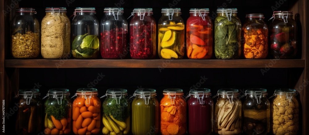 Different vegetable stocks displayed in a restaurant or country kitchen as oil compote and pickled vegetables
