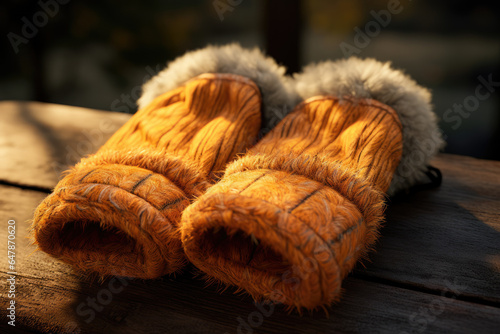 A pair of warm mittens made from soft wool offer both comfort and a pleasing tactile experience during the winter months. Generative Ai.