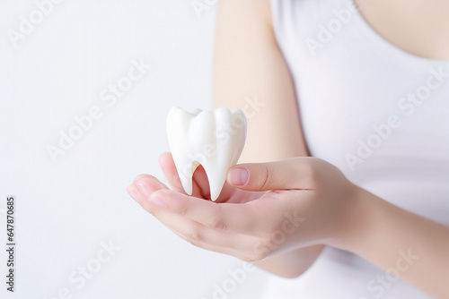 A hand holding white healthy tooth. Dental care concep. High quality photo