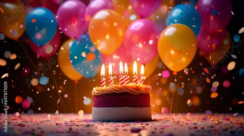 A festive birthday cake with lit candles and colorful balloons