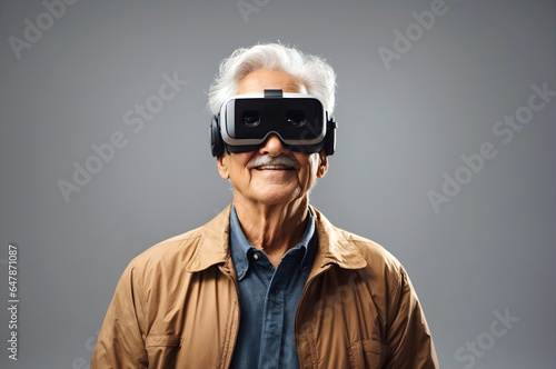 Portrait banner with copy space text of old mature person using modern vr glasses, virtual reality technology, background with copy space, template  photo