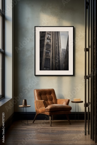 Room with a arm chair and picture frame on the wall.