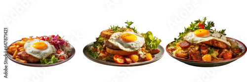 Png Set Brioche with egg sausages hash browns and salad for breakfast transparent background