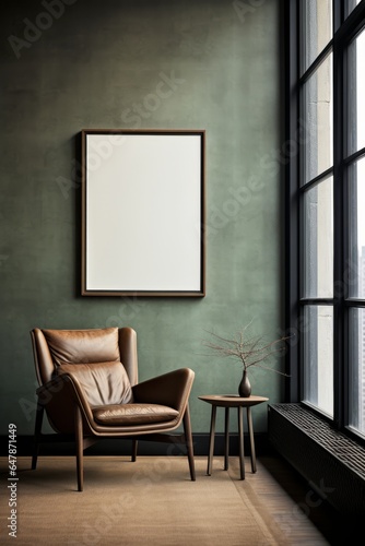 Interior of a room with leather armchair and empty picture frame.