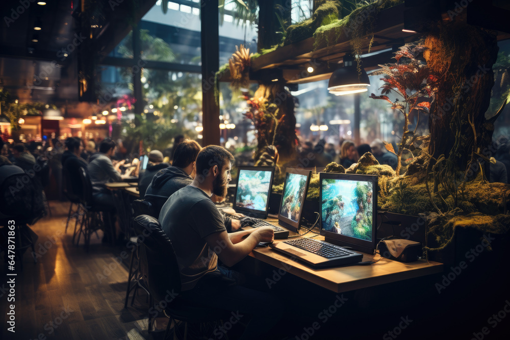 A gaming cafe bustling with patrons enjoying multiplayer matches. Generative Ai.
