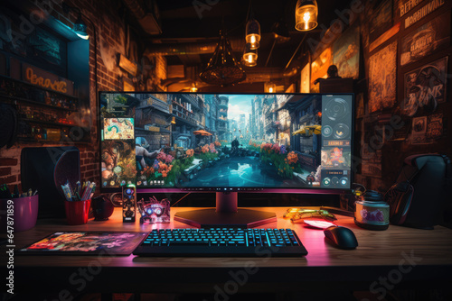 A close-up of a computer monitor displaying a vibrant gaming world. Generative Ai.